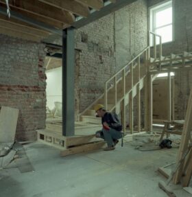 A contractor building the interior of the museum, the area which is now the foyer.