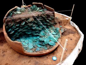 A photograph of the Peover Hoard being excavated